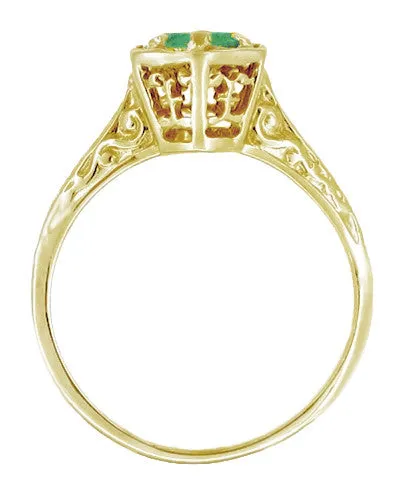 Art Deco Emerald Hexagonal Filigree Engagement Ring in 14K Yellow Gold