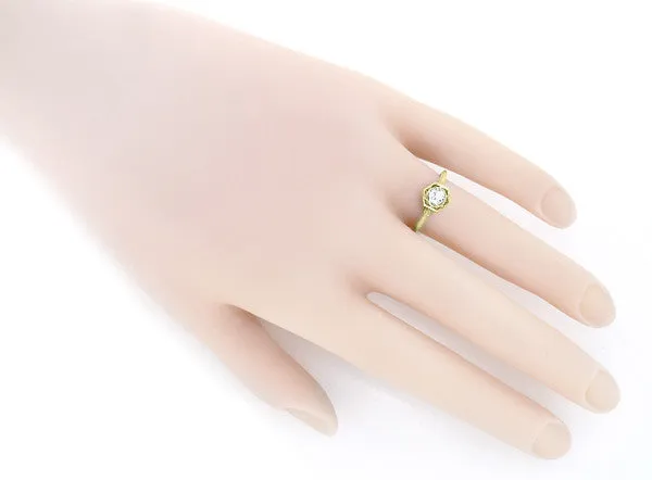 Art Deco White Sapphire Hexagonal Filigree Engagement Ring in 14K Yellow Gold