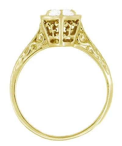Art Deco White Sapphire Hexagonal Filigree Engagement Ring in 14K Yellow Gold