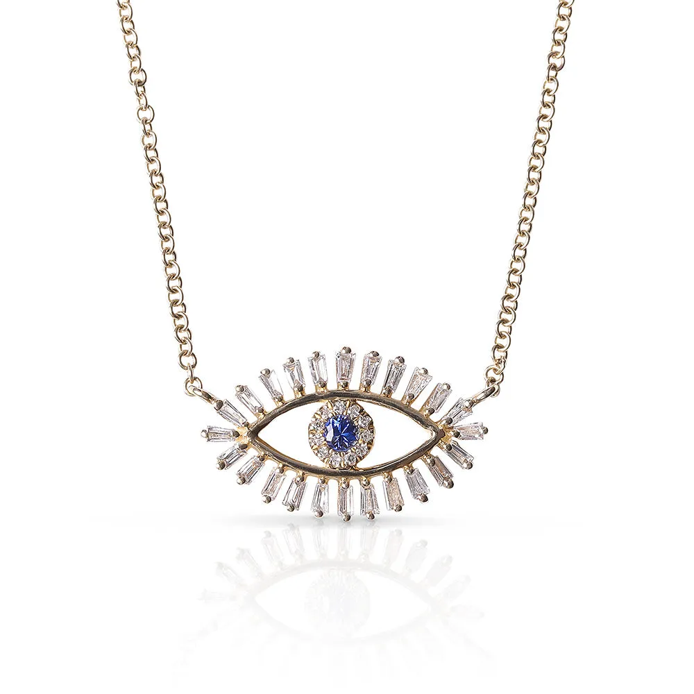 BAGUETTE DIAMOND EVIL EYE NECKLACE WITH BLUE SAPPHIRE EYE