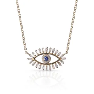 BAGUETTE DIAMOND EVIL EYE NECKLACE WITH BLUE SAPPHIRE EYE