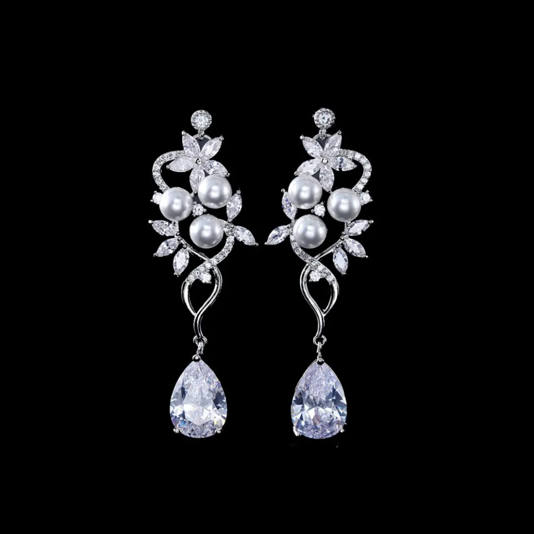 BEST SELLER - Exquisite Silver Floral Pearl & Crystal Set, Cubic Zirconia Necklace and Earrings Set