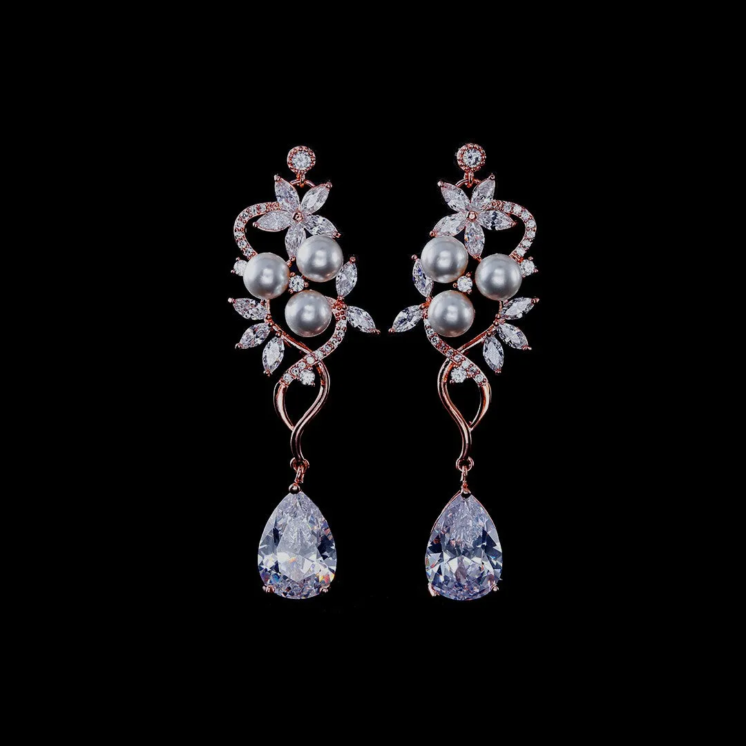 BEST SELLER - Exquisite Silver Floral Pearl & Crystal Set, Cubic Zirconia Necklace and Earrings Set