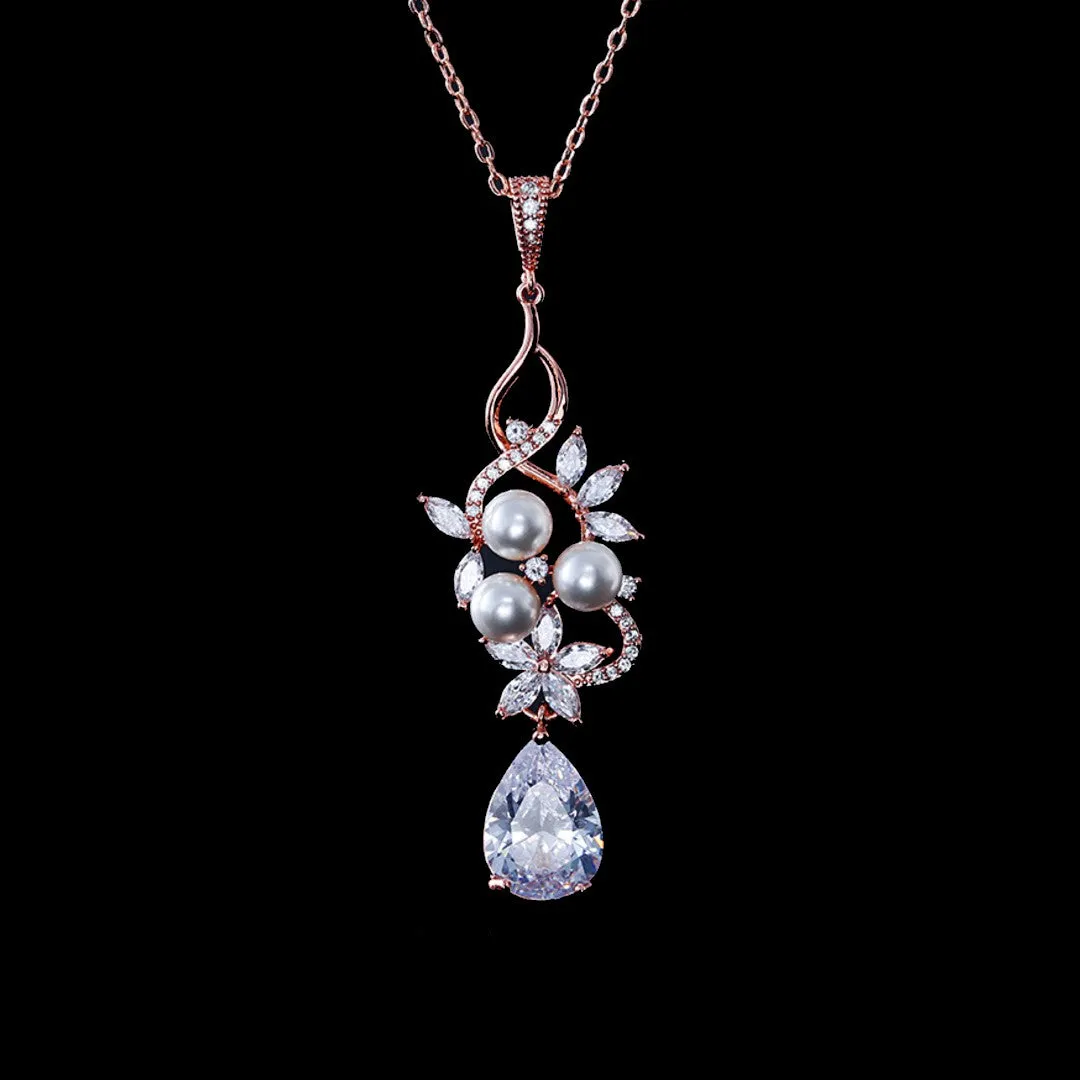 BEST SELLER - Exquisite Silver Floral Pearl & Crystal Set, Cubic Zirconia Necklace and Earrings Set