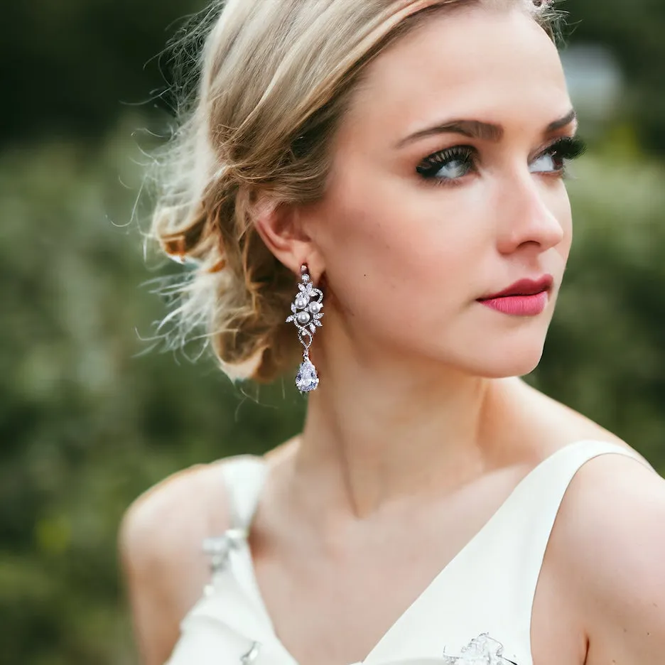 BEST SELLER - Exquisite Silver Floral Pearl & Crystal Set, Cubic Zirconia Necklace and Earrings Set