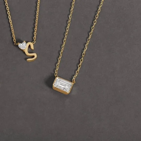Bezel Set 1ct Emerald Cut Lab Diamond Solitaire Necklace