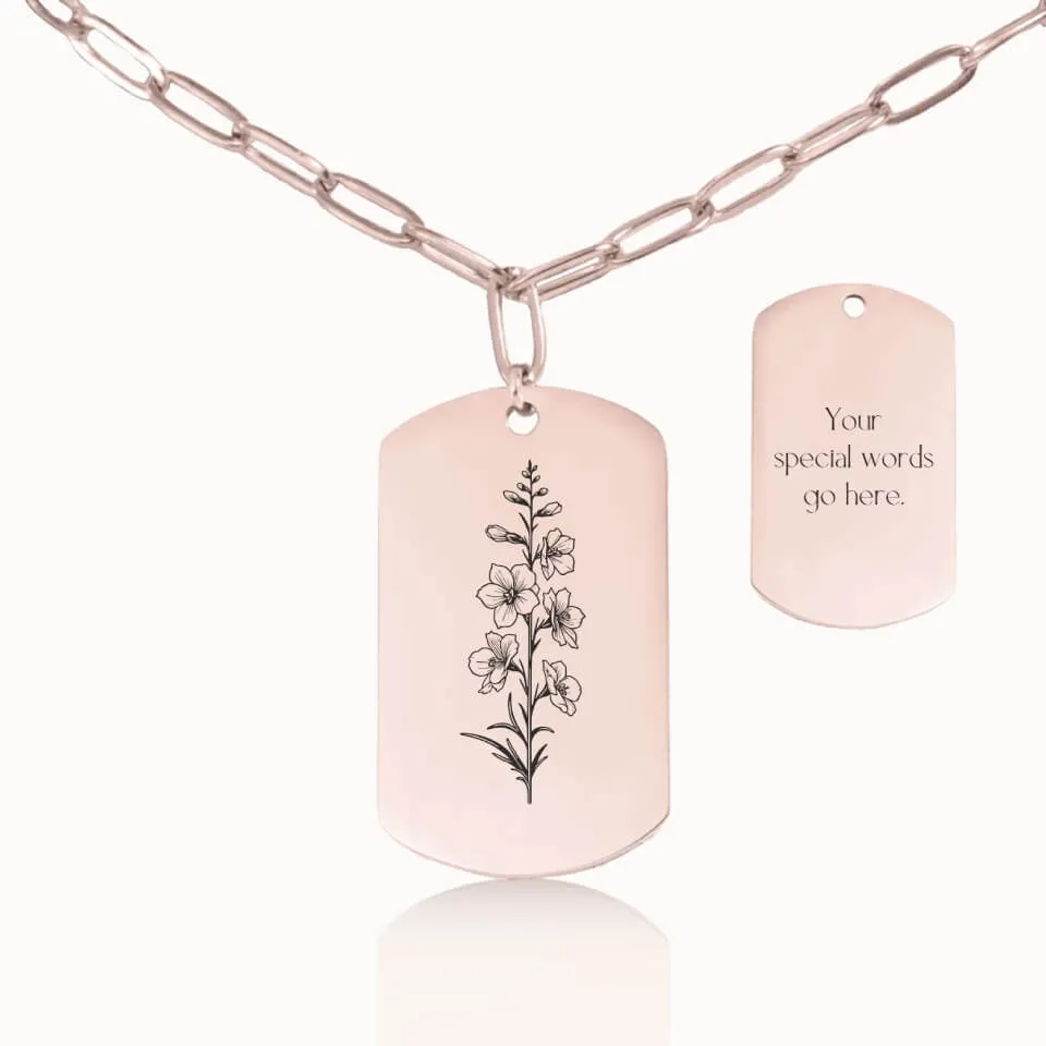 Birth Flower Tag Pendant on Paperclip Chain