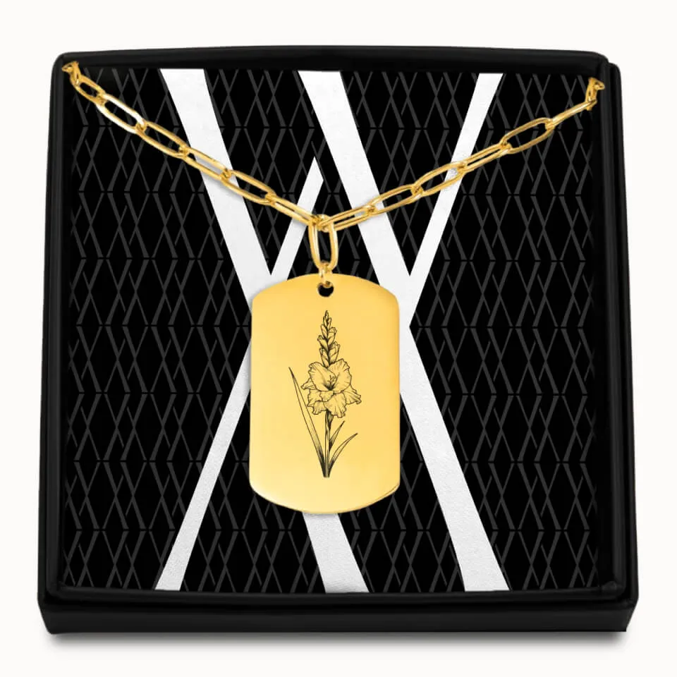 Birth Flower Tag Pendant on Paperclip Chain