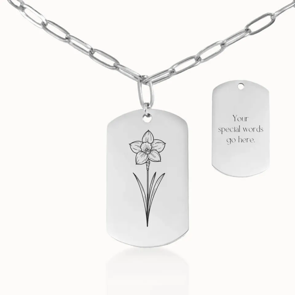 Birth Flower Tag Pendant on Paperclip Chain