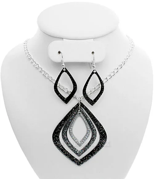 Black Layered Glitter Teadrop Charm Necklace Set