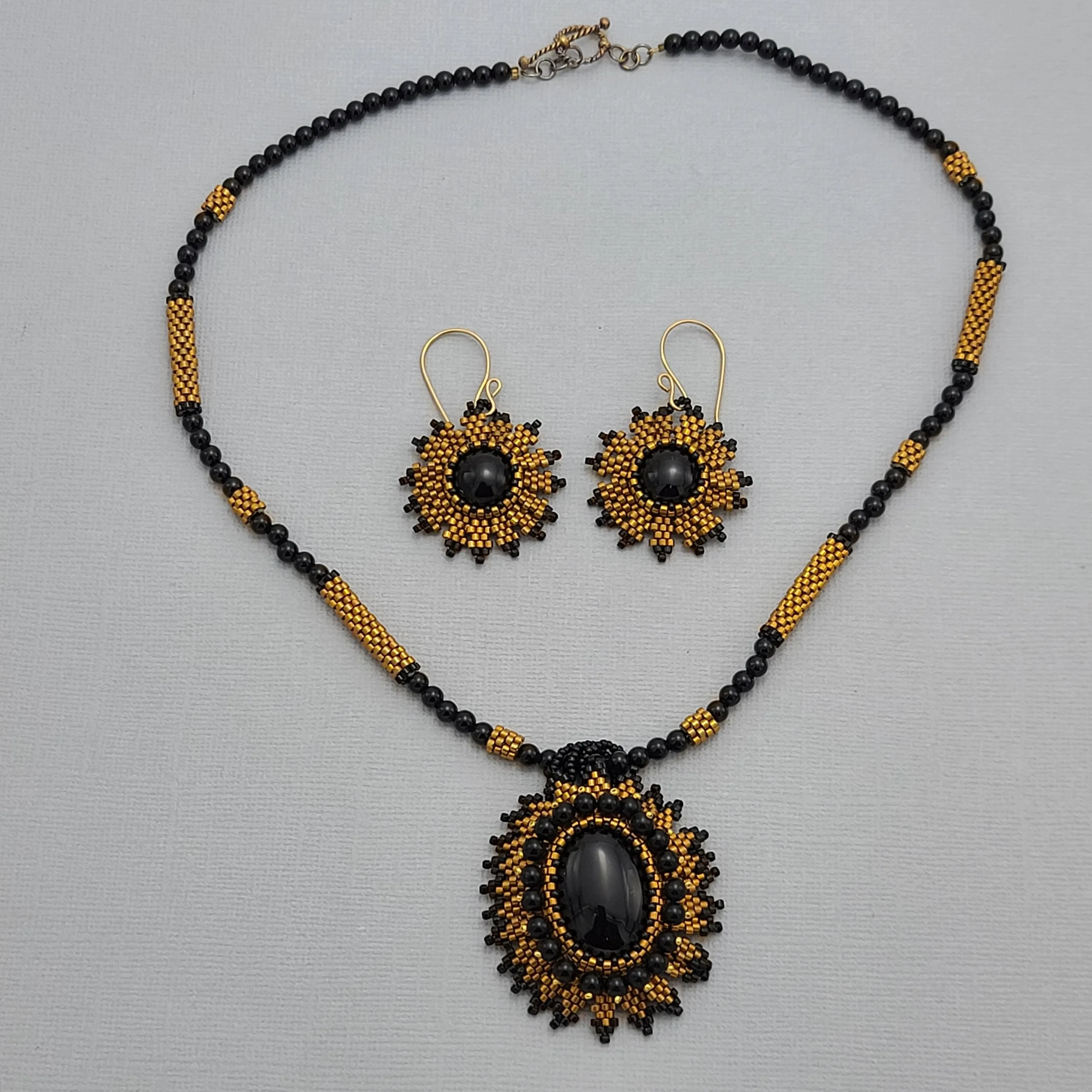 Black Onyx with Seed Beads Beadwork Necklace and Earrings Set.