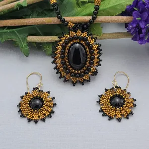 Black Onyx with Seed Beads Beadwork Necklace and Earrings Set.