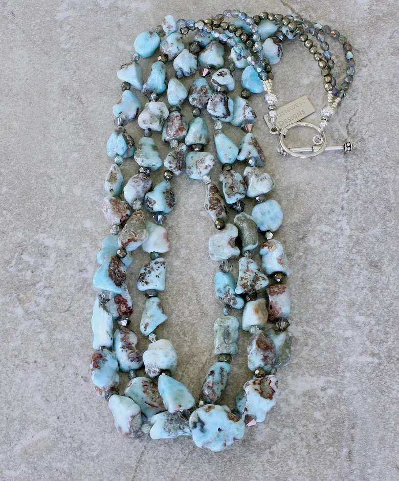 Blue Larimar Nugget 3-Strand Necklace with Pyrite, Czech Glass and Sterling Silver