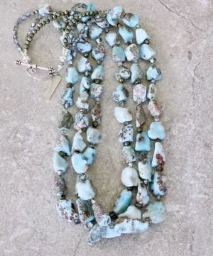Blue Larimar Nugget 3-Strand Necklace with Pyrite, Czech Glass and Sterling Silver