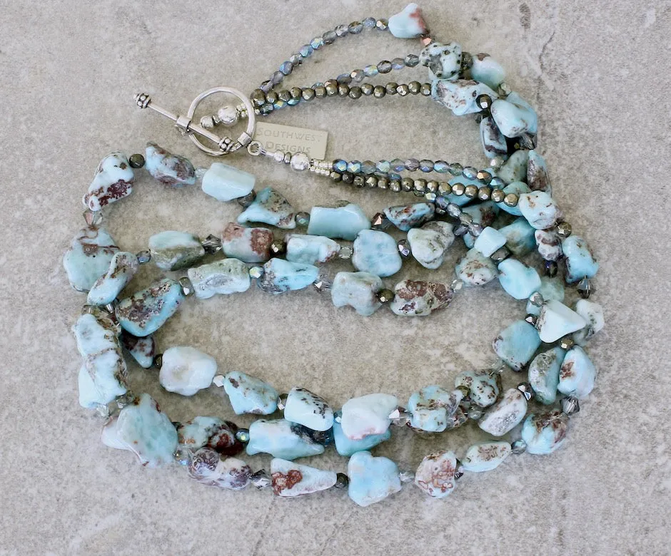 Blue Larimar Nugget 3-Strand Necklace with Pyrite, Czech Glass and Sterling Silver