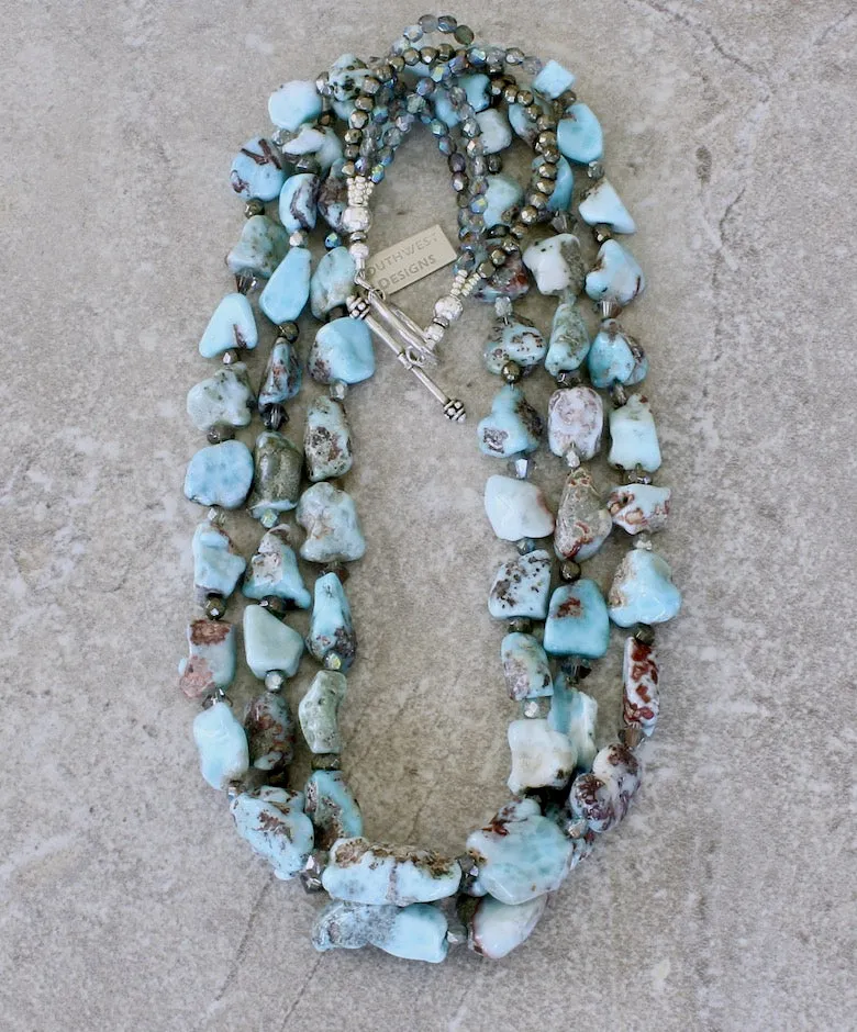 Blue Larimar Nugget 3-Strand Necklace with Pyrite, Czech Glass and Sterling Silver