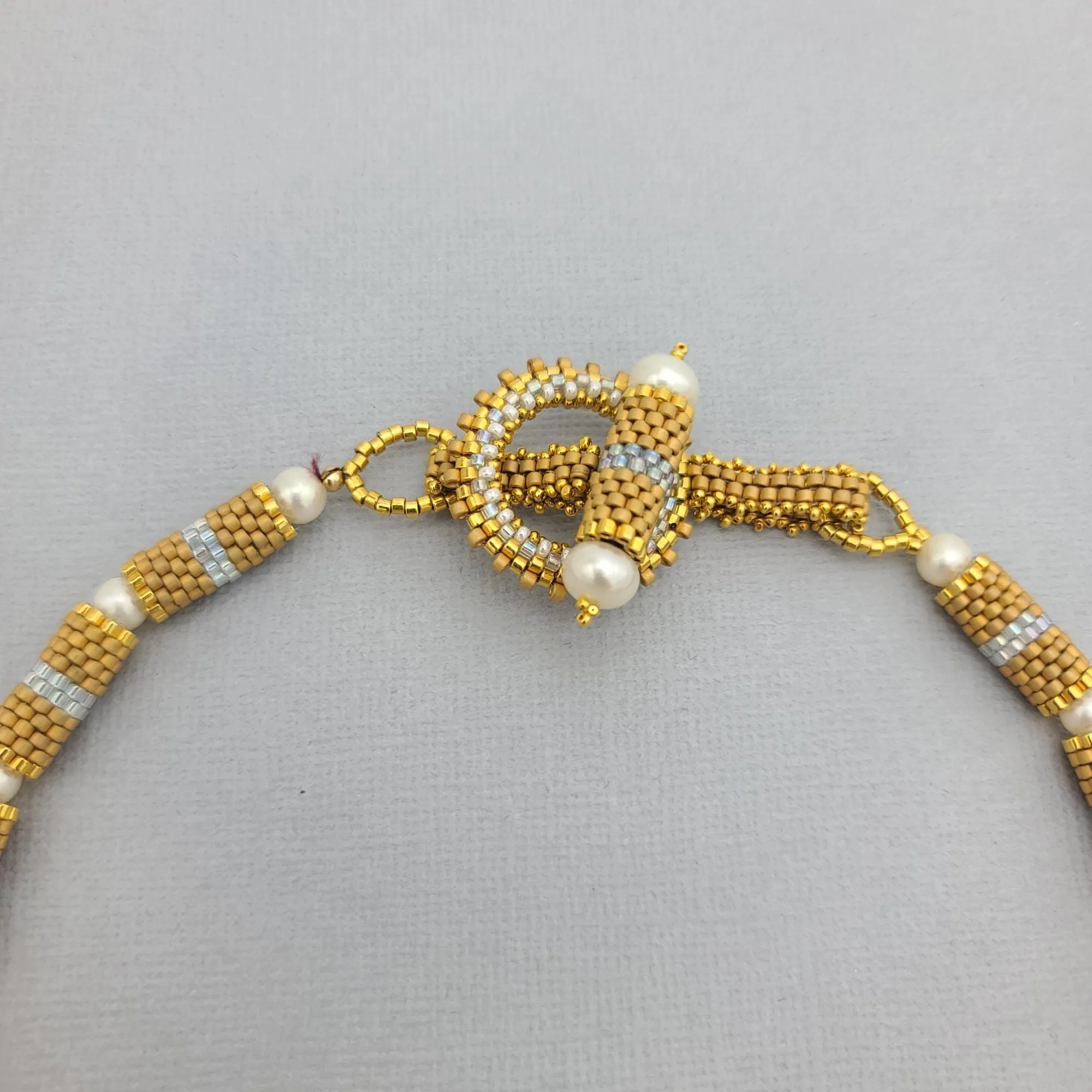 Blue Sapphire Crystal Woven Gold Plated Seedbeds Handmade Necklace.