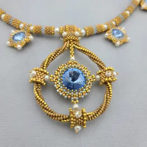 Blue Sapphire Crystal Woven Gold Plated Seedbeds Handmade Necklace.