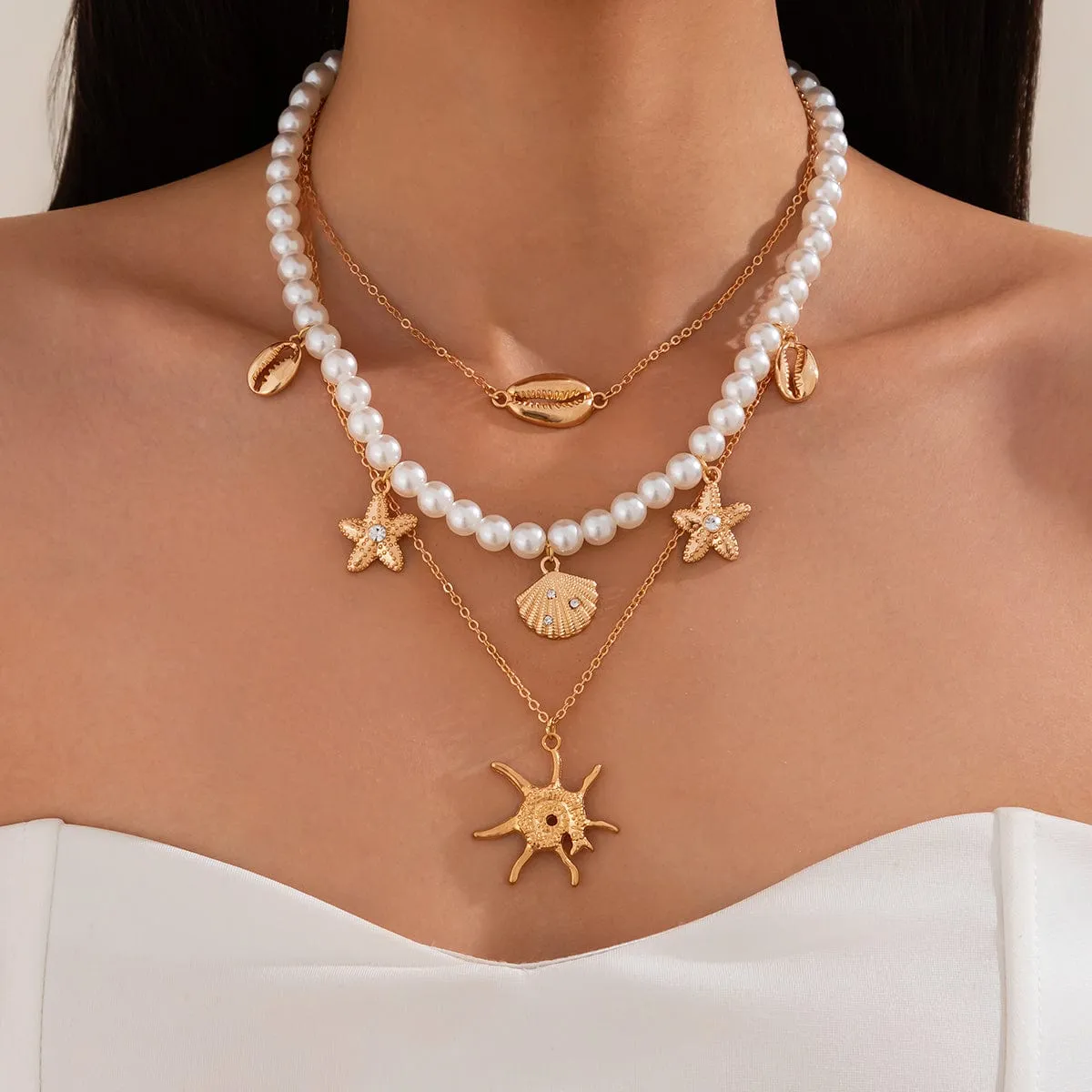 Bohemia 3pcs Conch Shell Starfish Pendant Pearl Chain Necklace Set