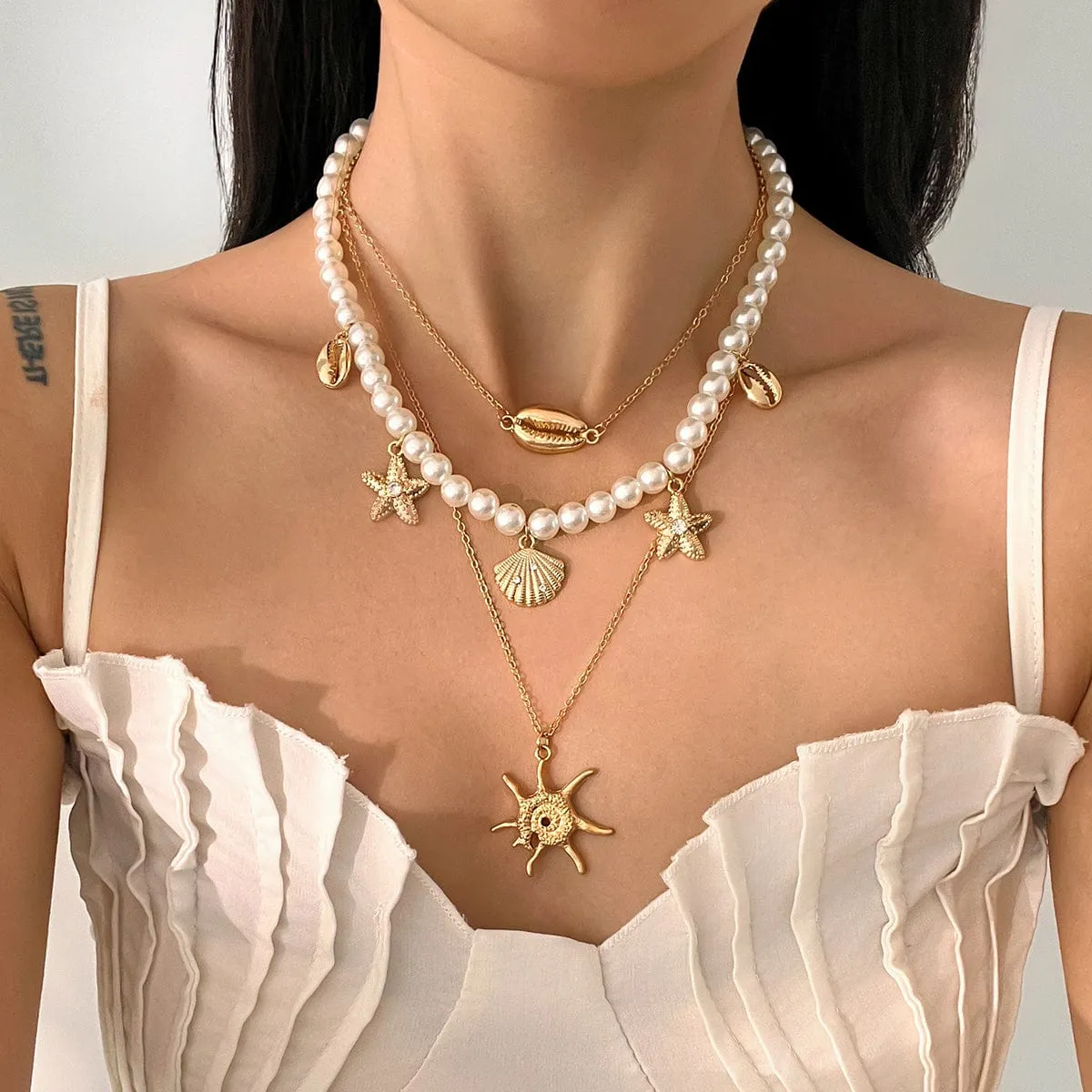Bohemia 3pcs Conch Shell Starfish Pendant Pearl Chain Necklace Set