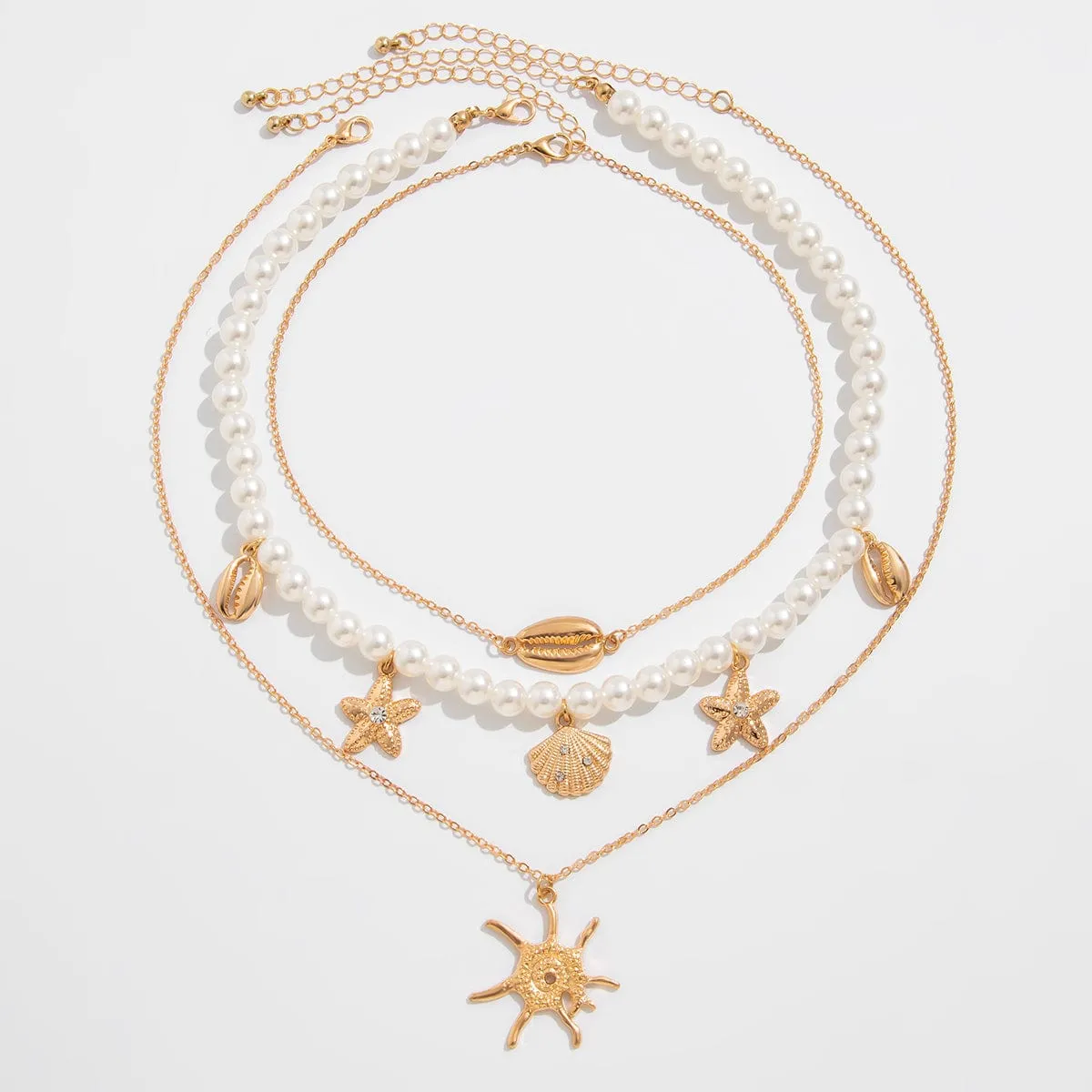 Bohemia 3pcs Conch Shell Starfish Pendant Pearl Chain Necklace Set