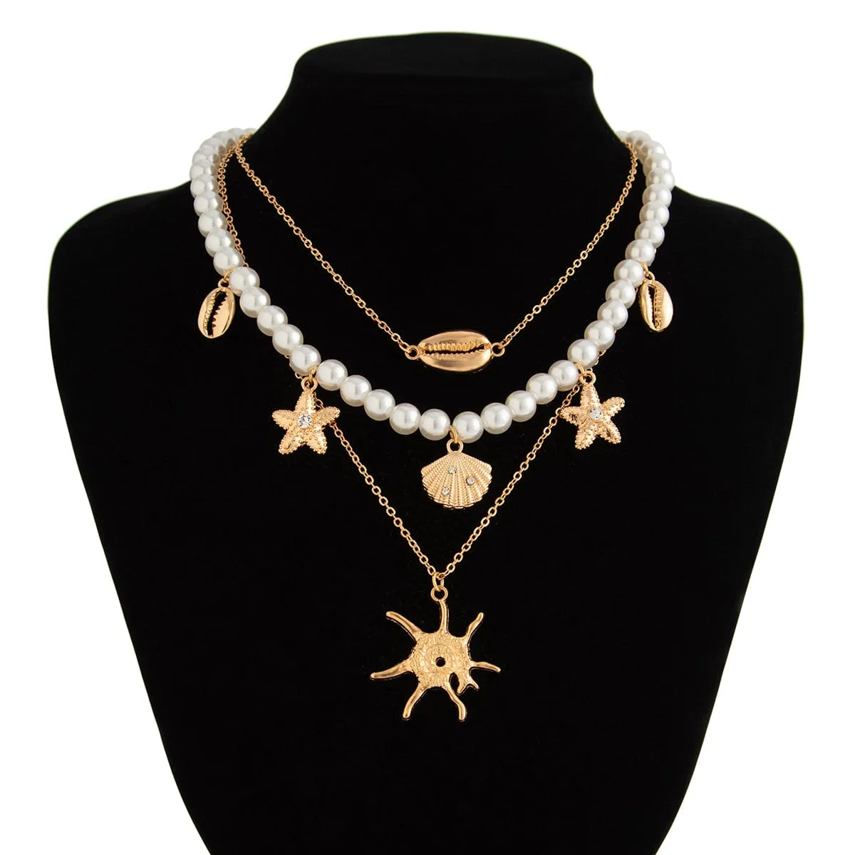 Bohemia 3pcs Conch Shell Starfish Pendant Pearl Chain Necklace Set