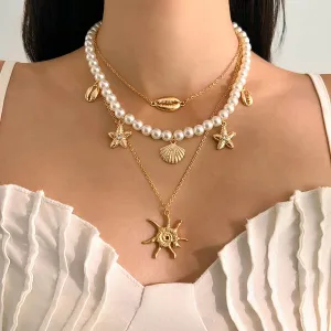 Bohemia 3pcs Conch Shell Starfish Pendant Pearl Chain Necklace Set