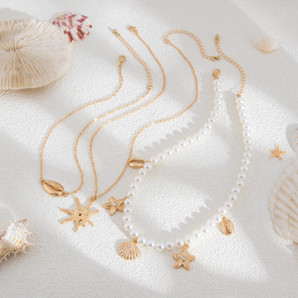 Bohemia 3pcs Conch Shell Starfish Pendant Pearl Chain Necklace Set