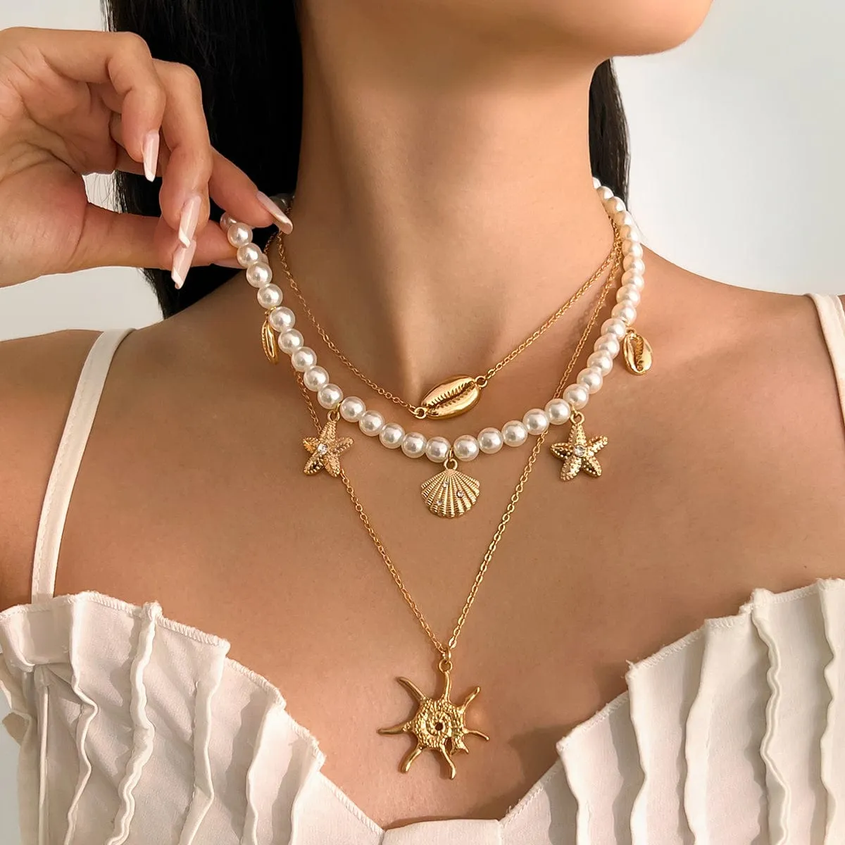Bohemia 3pcs Conch Shell Starfish Pendant Pearl Chain Necklace Set