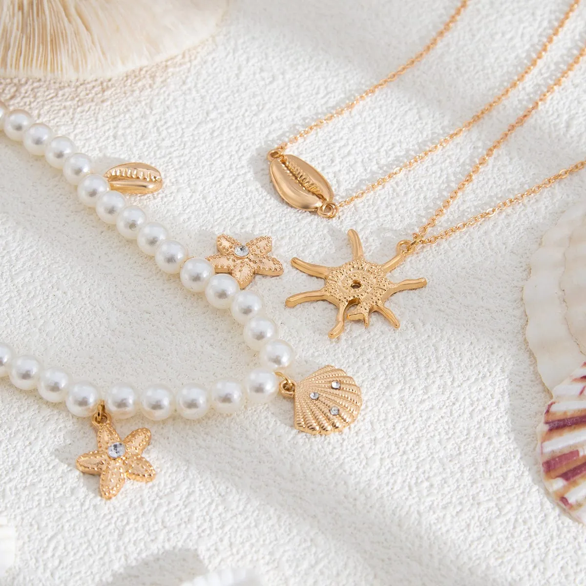 Bohemia 3pcs Conch Shell Starfish Pendant Pearl Chain Necklace Set