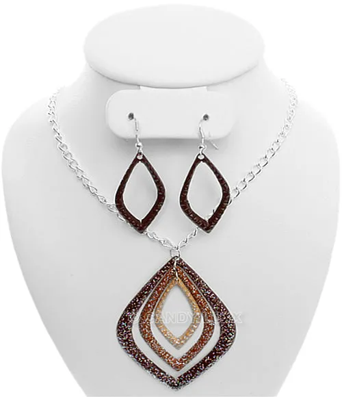 Brown Layered Glitter Teadrop Charm Necklace Set