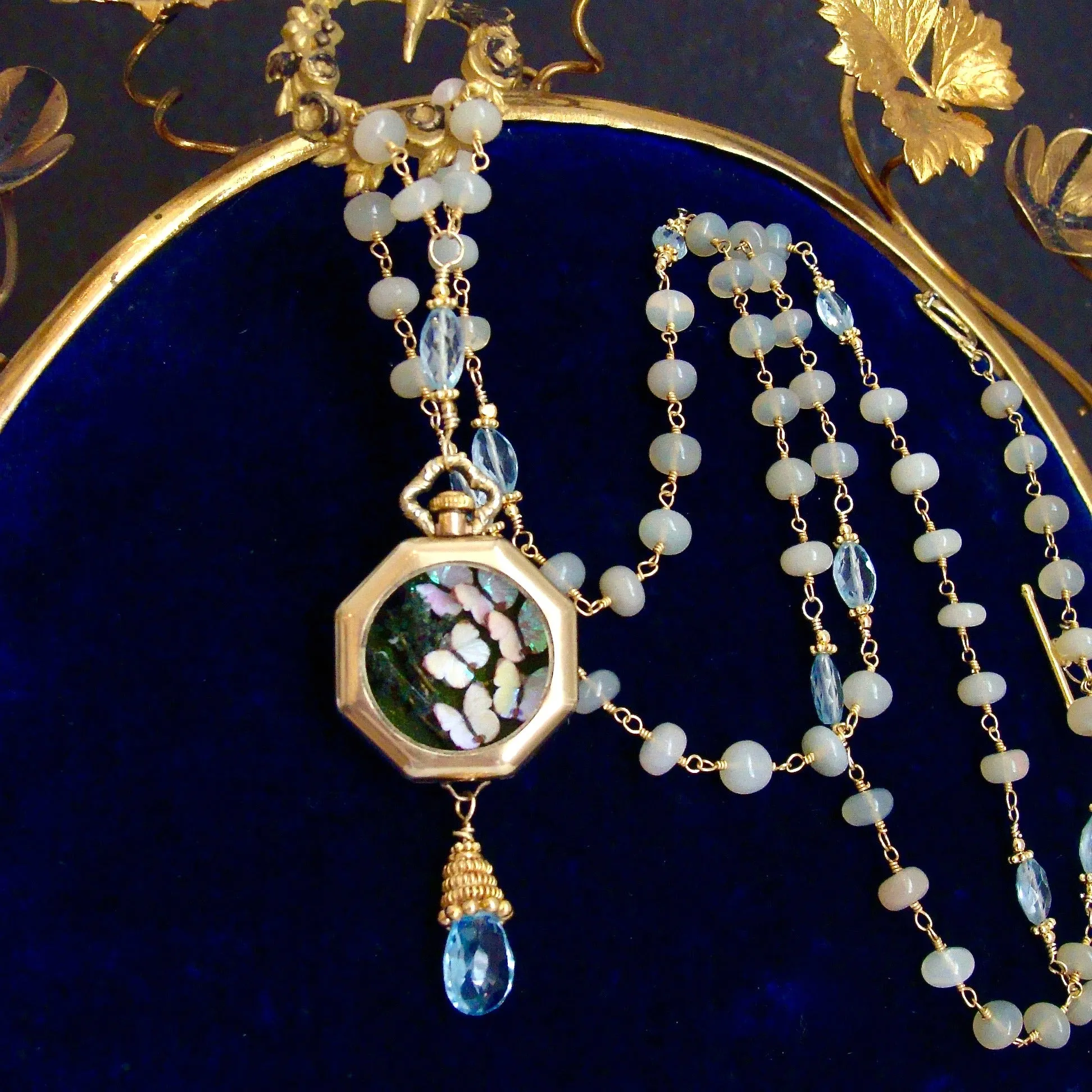 Butterfly Kaleidoscope Watch Case Opal Blue Topaz Necklace - Kaléidoscope de Papillon Necklace