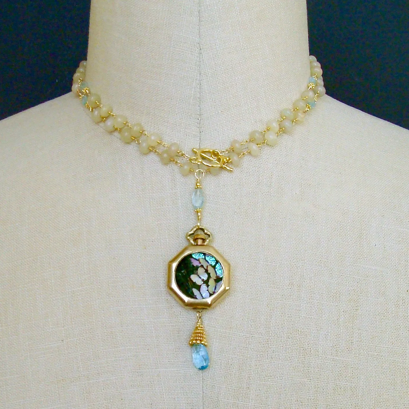 Butterfly Kaleidoscope Watch Case Opal Blue Topaz Necklace - Kaléidoscope de Papillon Necklace