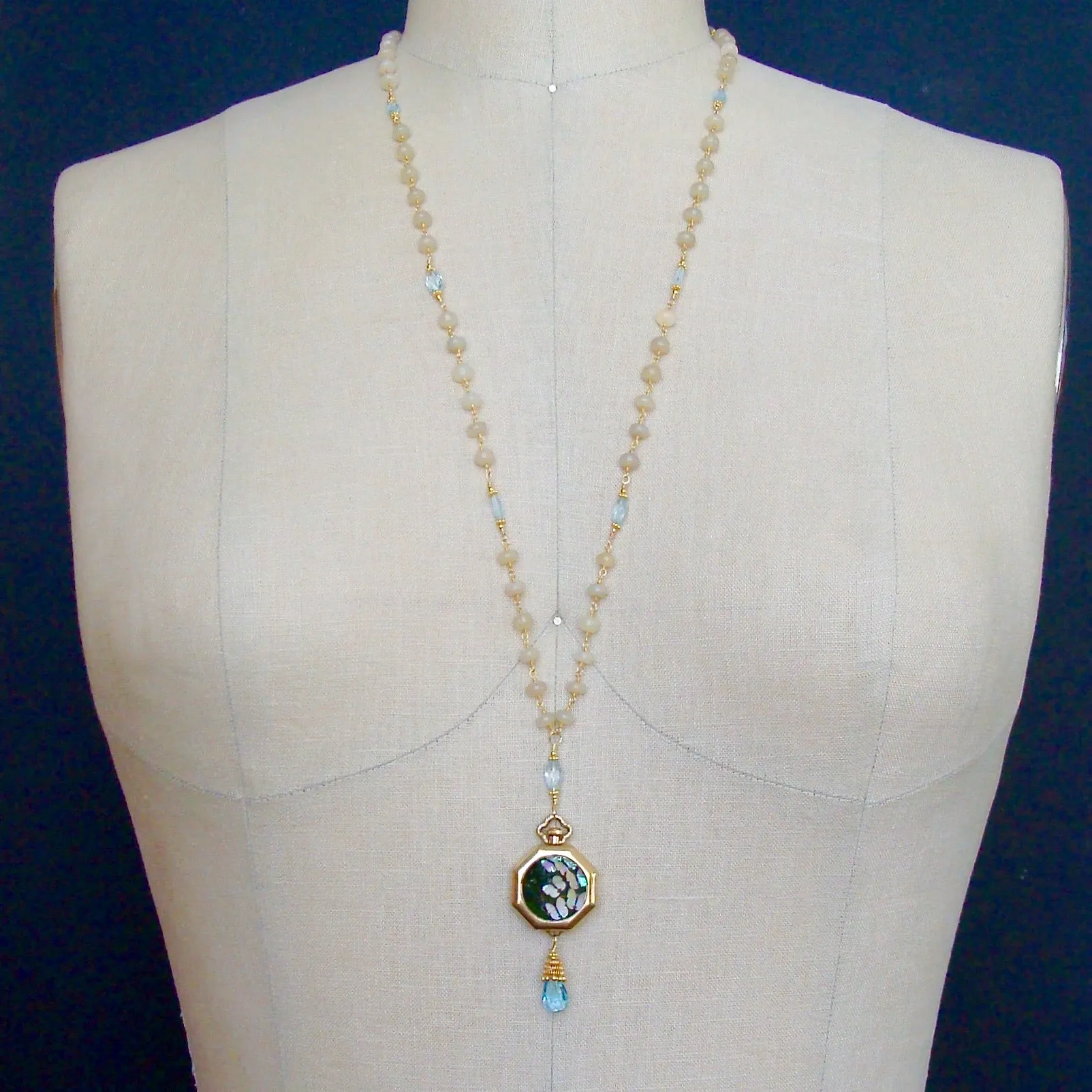 Butterfly Kaleidoscope Watch Case Opal Blue Topaz Necklace - Kaléidoscope de Papillon Necklace