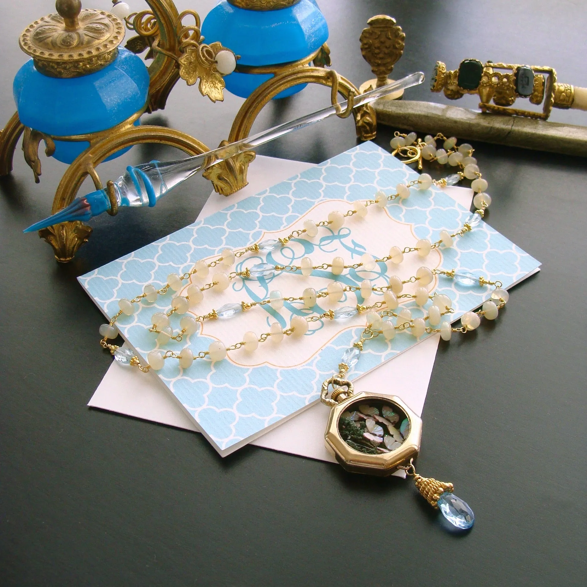 Butterfly Kaleidoscope Watch Case Opal Blue Topaz Necklace - Kaléidoscope de Papillon Necklace