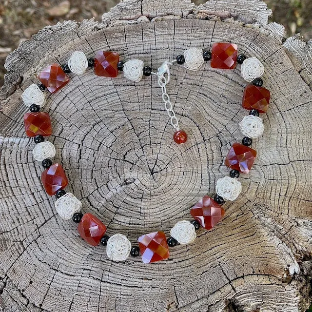 Carnelian necklace with sterling silver wire beads and black onyx