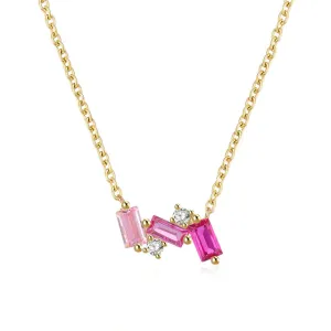 Children's and Teens' Necklaces:  14k Gold over Sterling Silver Necklace with 3 Shades of Pink CZ Baguettes with Gift Box
