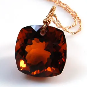 Cognac Quartz Cushion Cut Solitaire Necklace