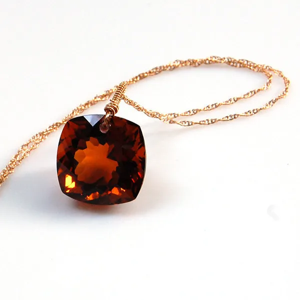 Cognac Quartz Cushion Cut Solitaire Necklace