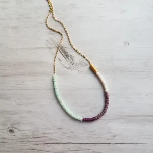 Color Block Necklace - beaded chain, 14K gold plated chain, mint green purple white, color section necklace, glass bead necklace, seed beads