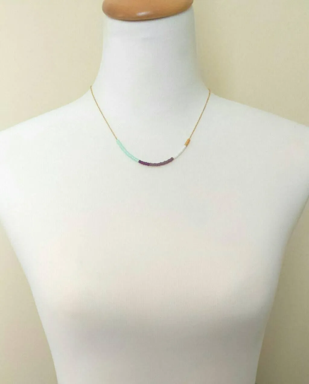Color Block Necklace - beaded chain, 14K gold plated chain, mint green purple white, color section necklace, glass bead necklace, seed beads