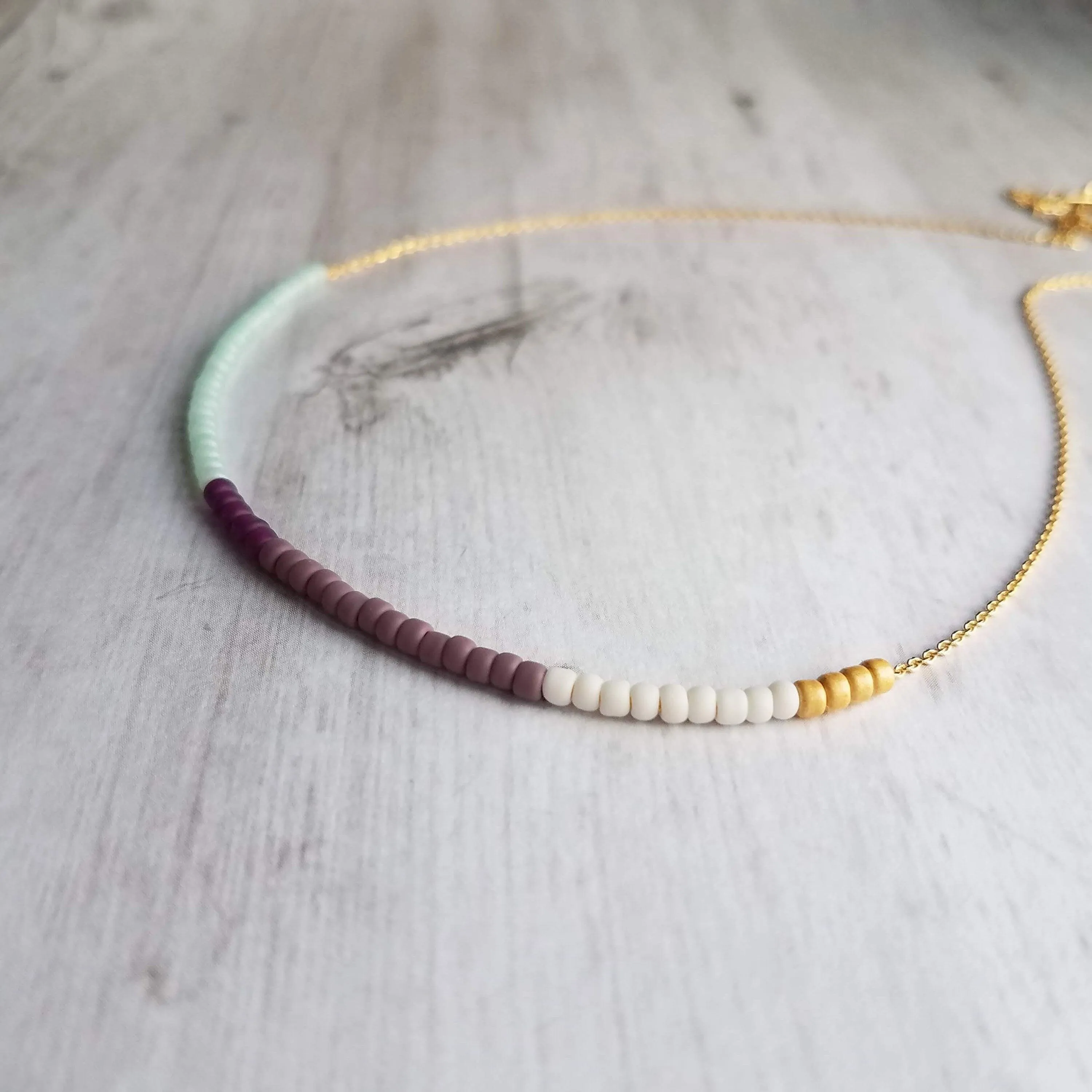 Color Block Necklace - beaded chain, 14K gold plated chain, mint green purple white, color section necklace, glass bead necklace, seed beads
