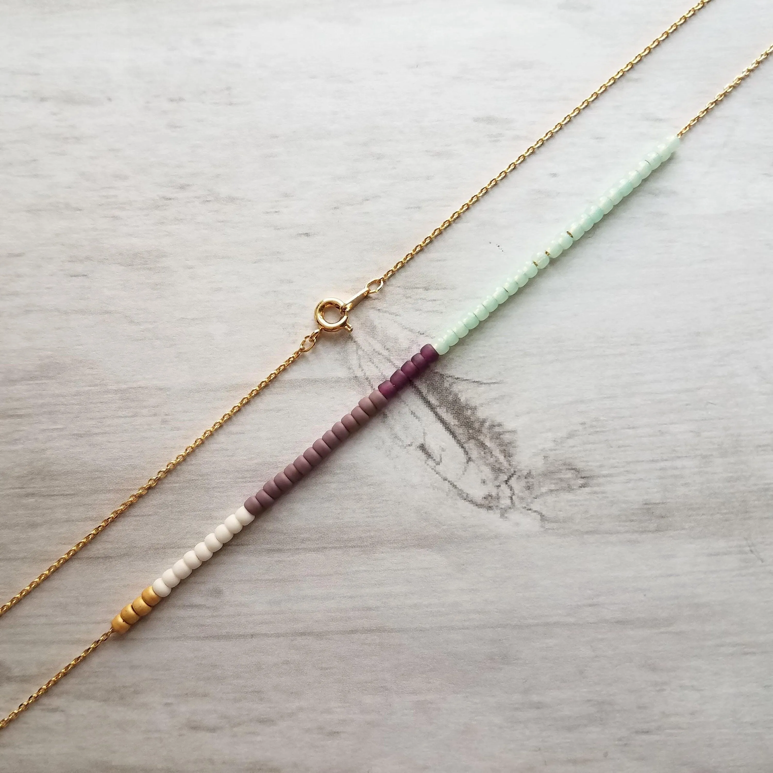 Color Block Necklace - beaded chain, 14K gold plated chain, mint green purple white, color section necklace, glass bead necklace, seed beads