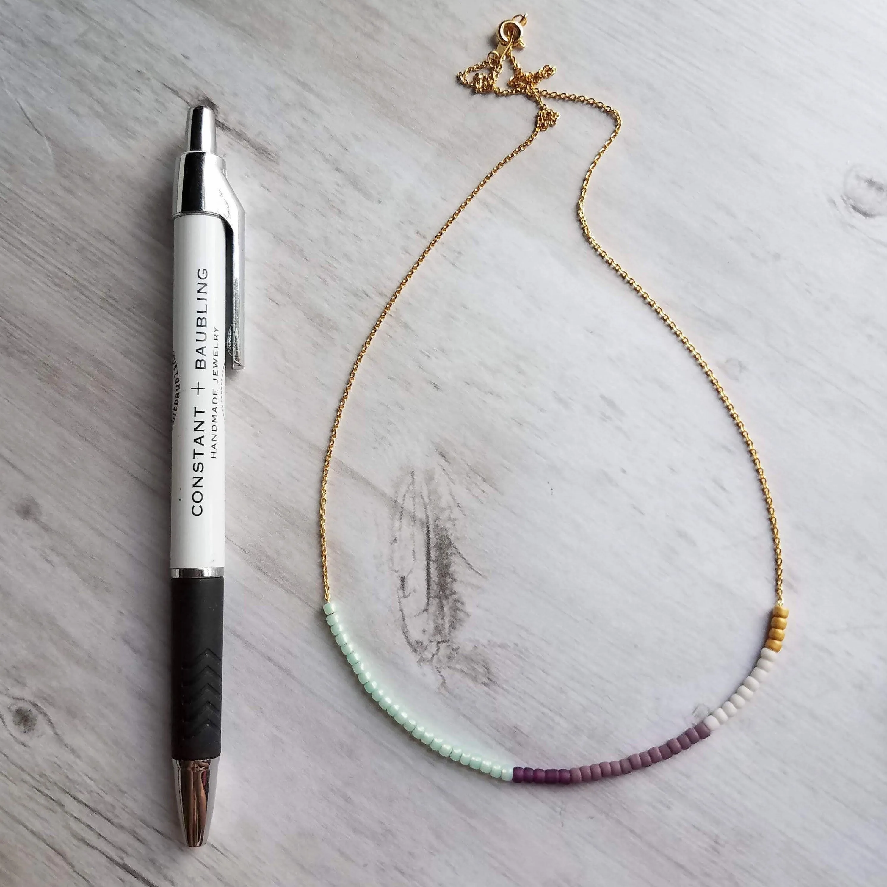 Color Block Necklace - beaded chain, 14K gold plated chain, mint green purple white, color section necklace, glass bead necklace, seed beads