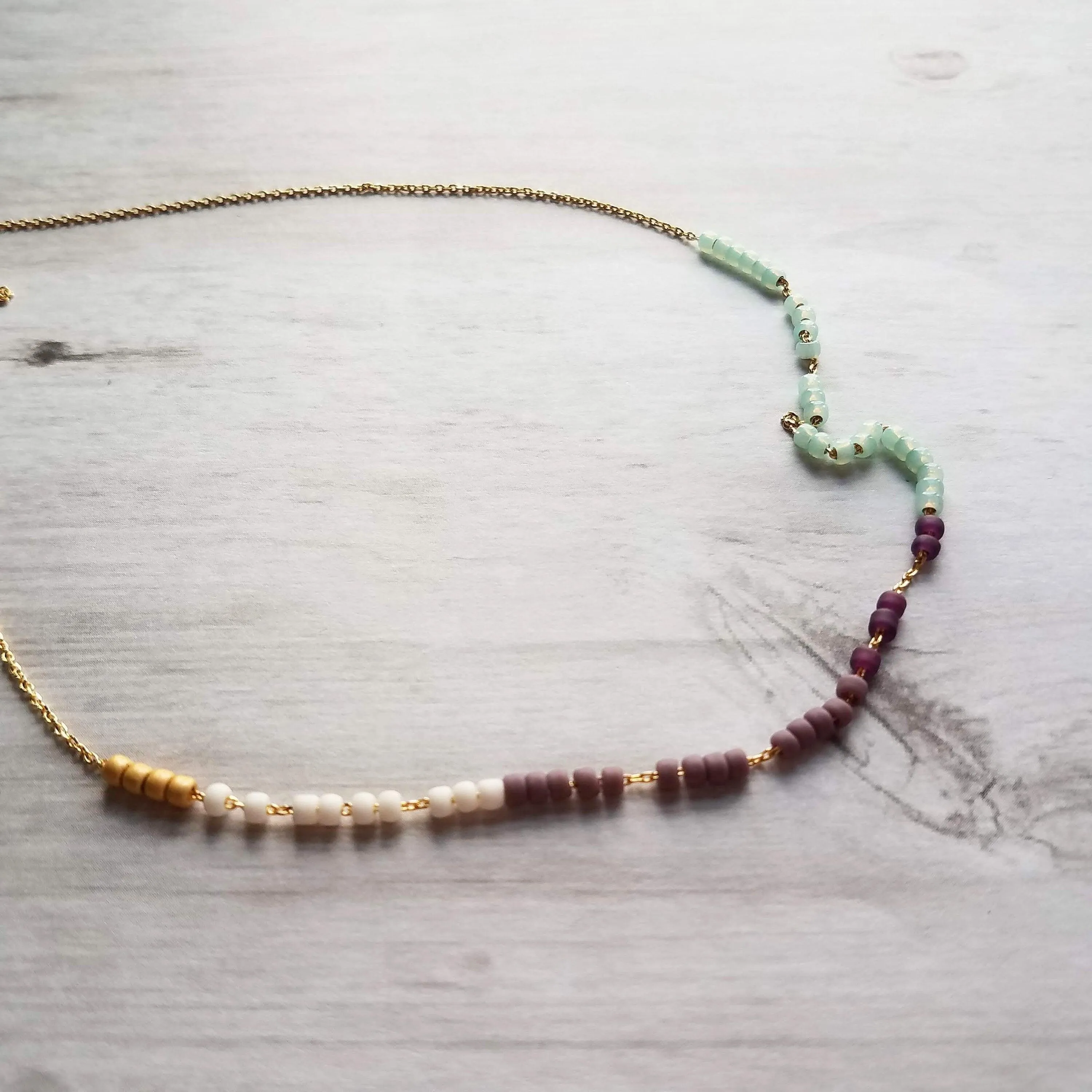 Color Block Necklace - beaded chain, 14K gold plated chain, mint green purple white, color section necklace, glass bead necklace, seed beads