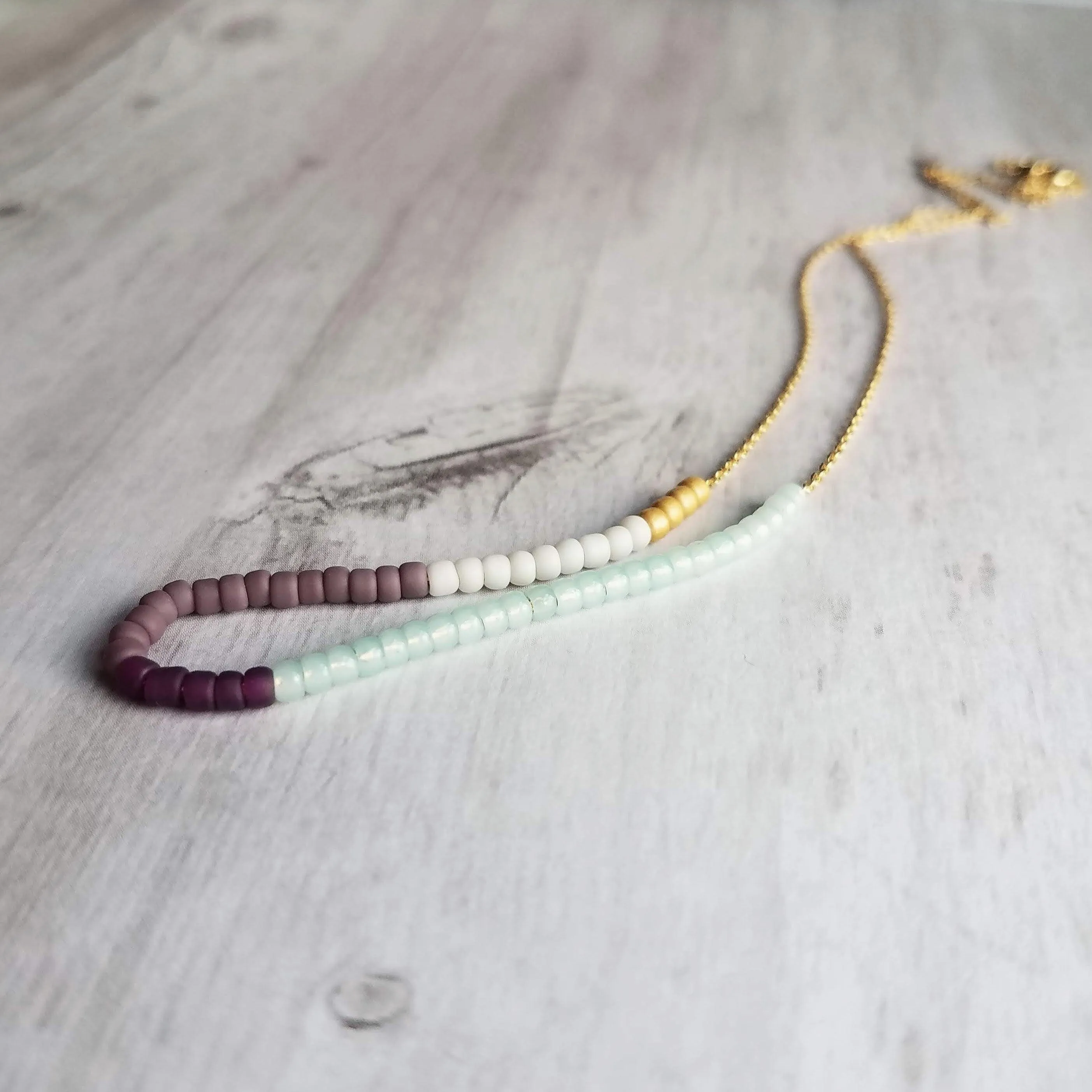 Color Block Necklace - beaded chain, 14K gold plated chain, mint green purple white, color section necklace, glass bead necklace, seed beads