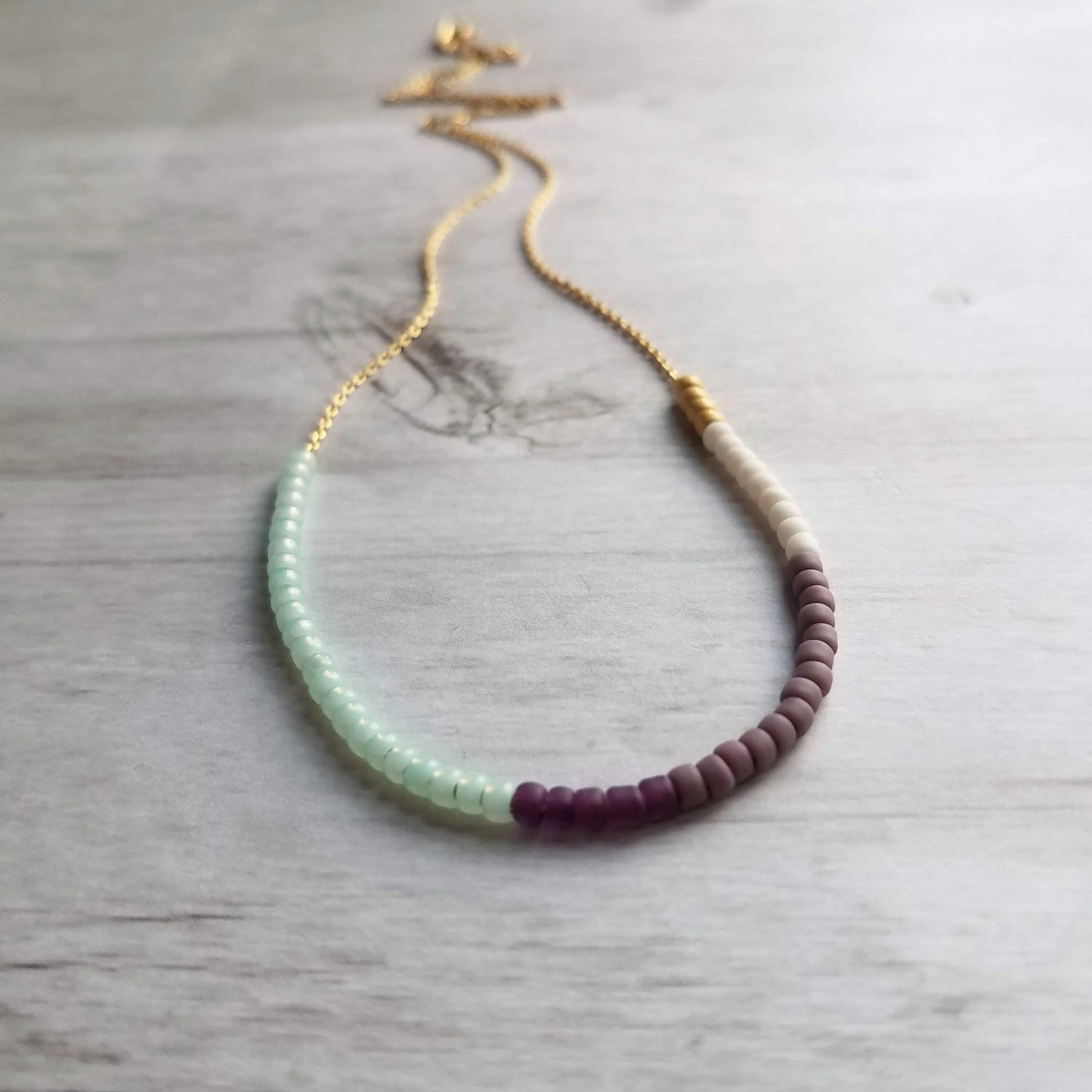 Color Block Necklace - beaded chain, 14K gold plated chain, mint green purple white, color section necklace, glass bead necklace, seed beads