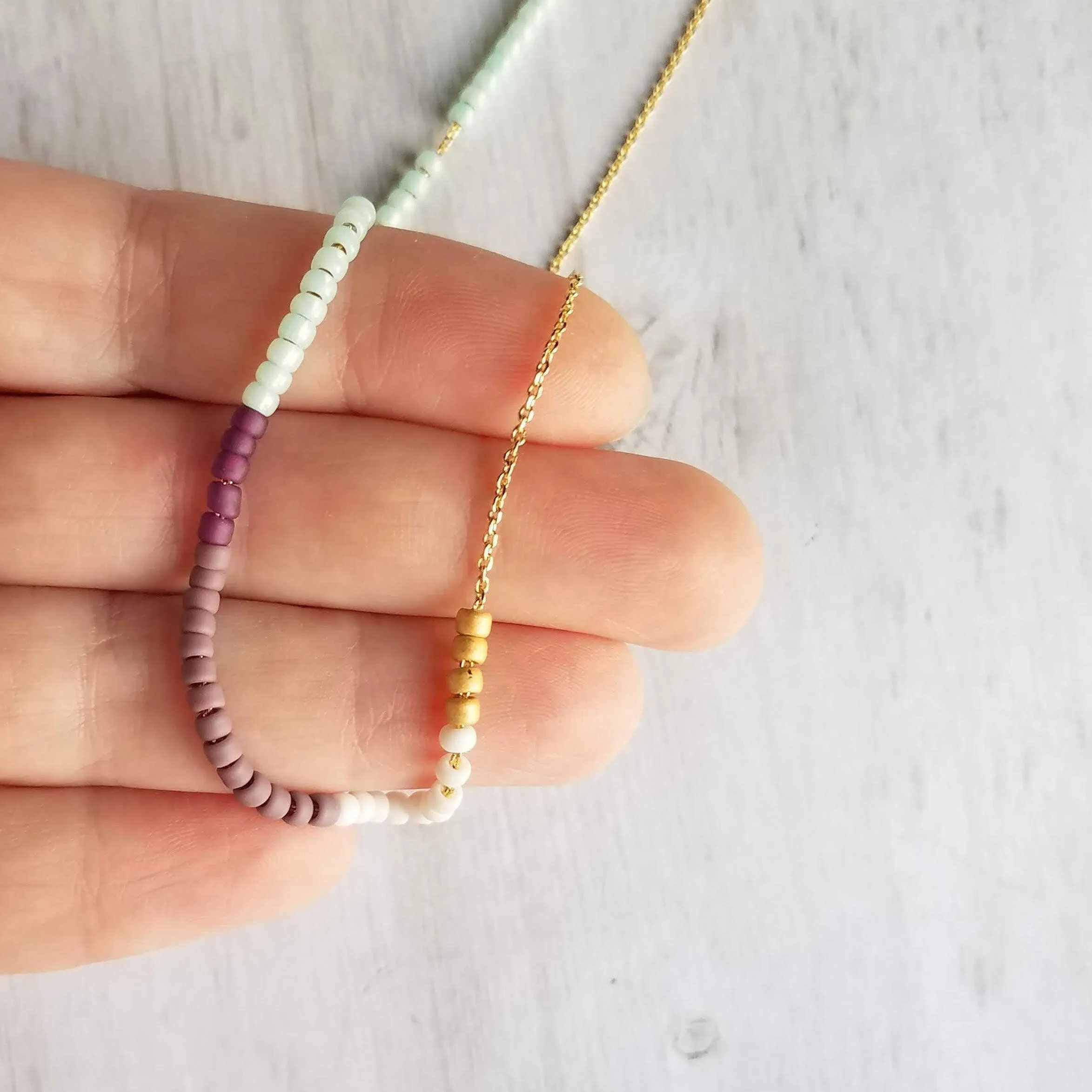 Color Block Necklace - beaded chain, 14K gold plated chain, mint green purple white, color section necklace, glass bead necklace, seed beads