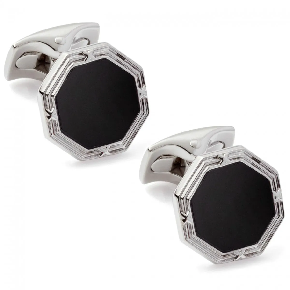 Deakin and Francis White Rhodium Octagonal Black Onyx Cufflinks