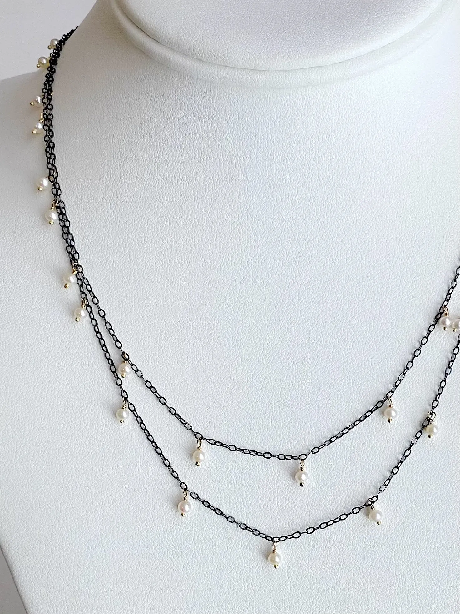 Delicate, scattered Pearl Necklace, Silver & Gold